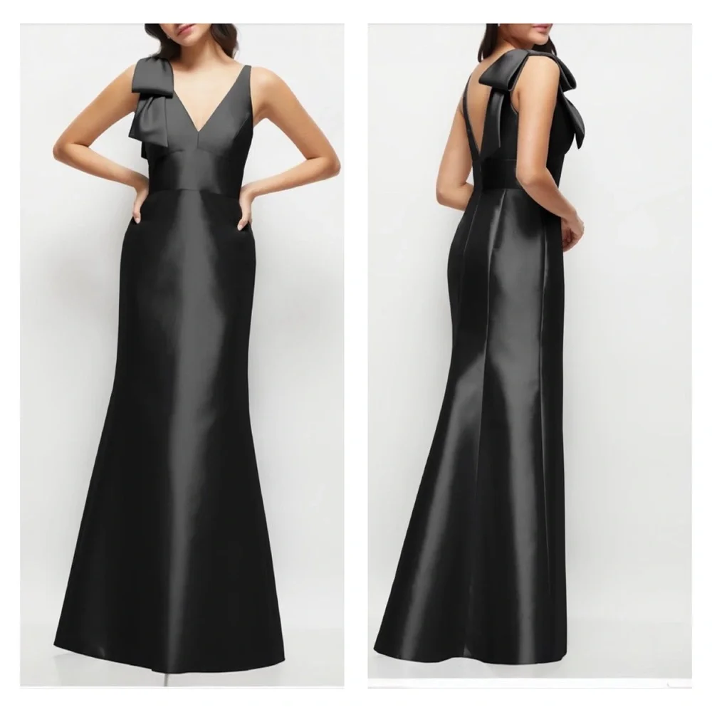 Alfred Sung Black Bow Sleeveless Satin Twill Trumpet Formal Gown Sz 2 $269 D863 - Picture 2 of 10